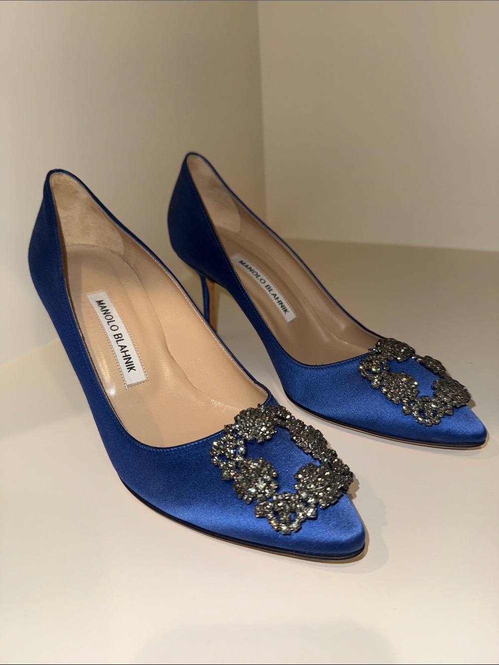 Manolo Blahnik Royal Blue Satin Crystal-Embellished Pointed-Toe Pumps - Picture 8 of 11